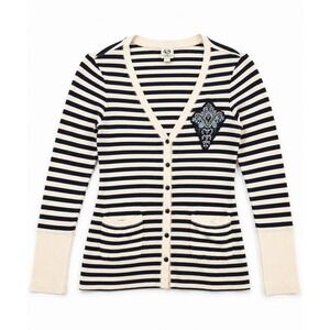 Tiny‎ Anthropologie Petite Striped Cotton Beaded Cardigan Sweater Black Cream
